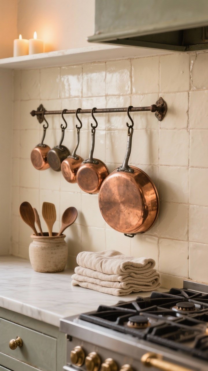 Medium shot of a stove wall with an iron pot rail and S-hooks displaying polished and lightly patina’d copper pots and pans, one oversized copper jam pan as the statement piece; wooden utensils in a crock, folded linen towels in natural oat tone nearby; French countryside vibe with muted cream tile backsplash; warm, candlelike ambient light, photorealistic.
