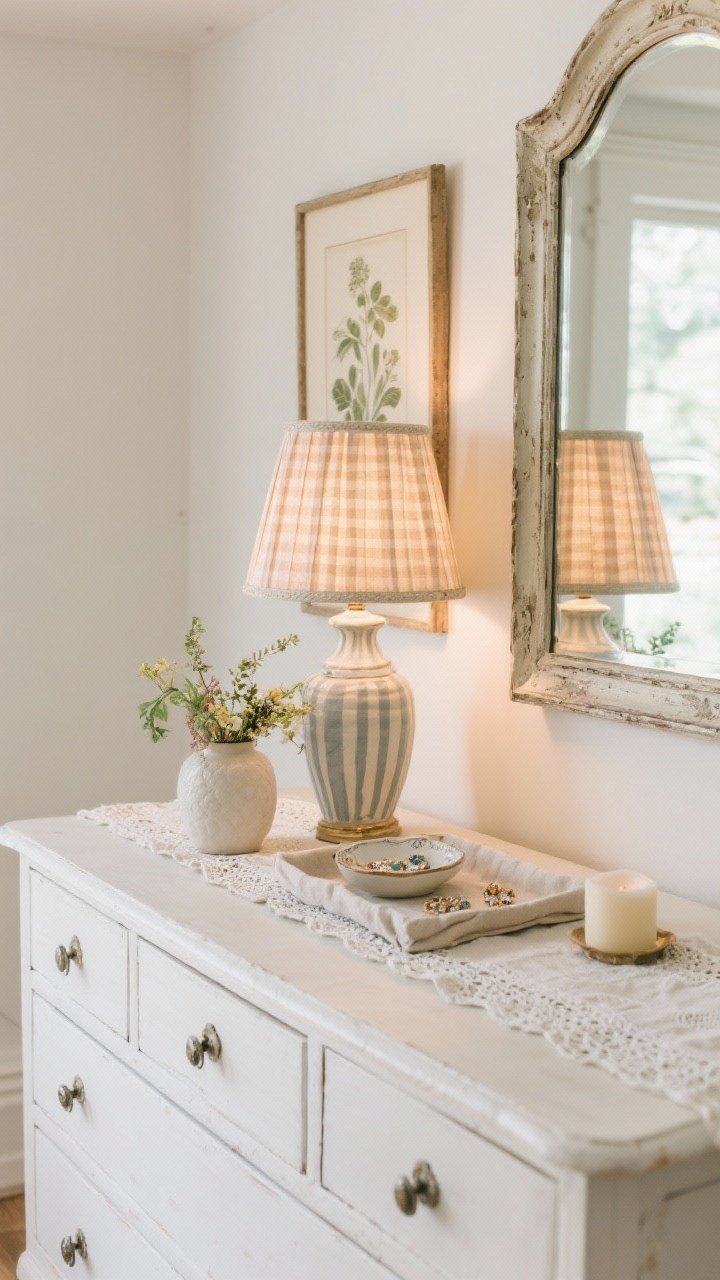 Medium shot of a styled dresser top, corner angle: anchored by a vintage mirror with a lightly aged frame and a framed botanical print leaning behind; a ceramic lamp with a pleated gingham shade providing warm, soft glow; a small vase with garden clippings next to a linen tray corralling a jewelry dish and candle; a delicate lace runner beneath; composition arranged in three to five airy clusters with breathing room so painted finish and hardware remain visible.