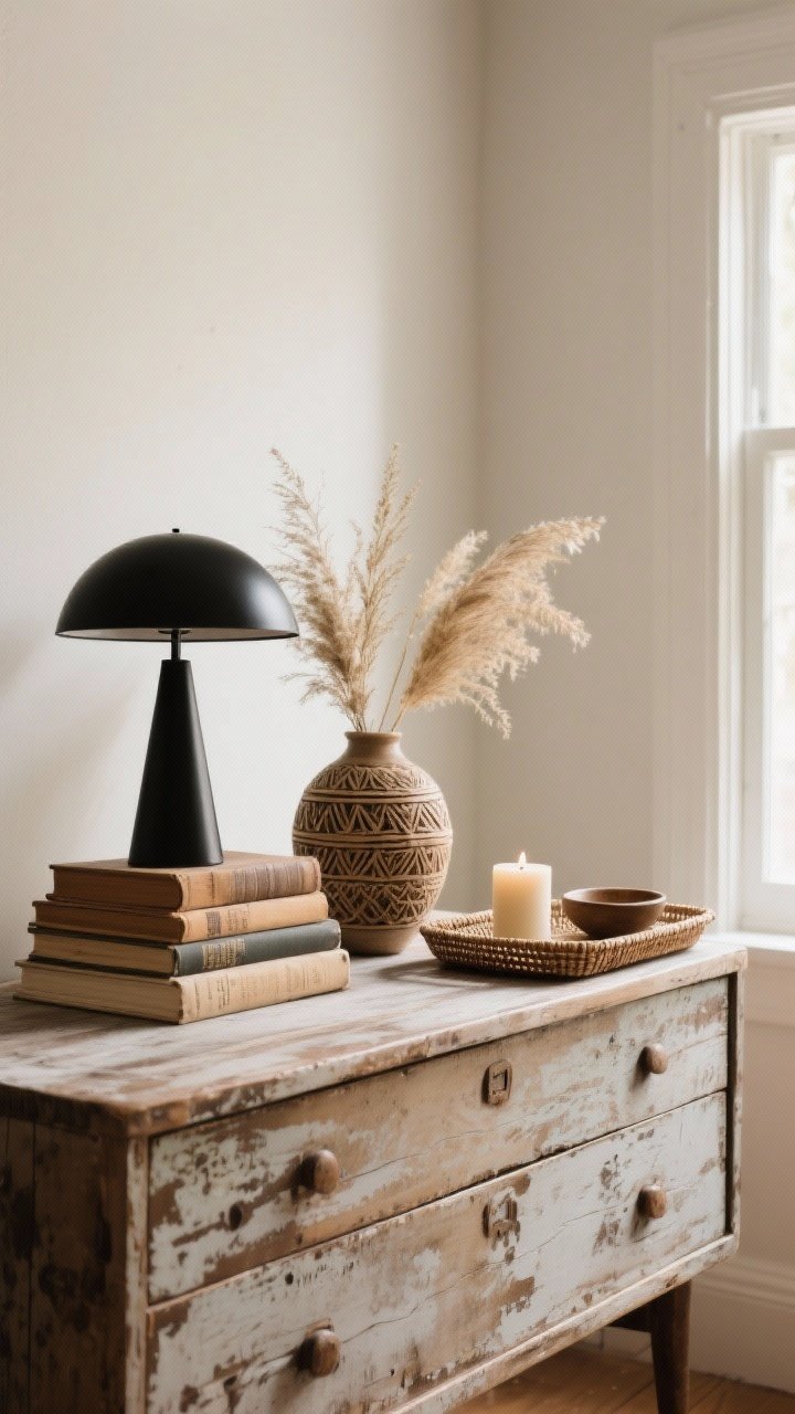 Medium shot of a styled dresser top mixing vintage and handcrafted finds: a weathered mid-century wooden dresser, a modern matte-black lamp, a stack of vintage books, a handcrafted ceramic vase with dried grasses, and a woven tray holding a candle and small bowl; cohesive theme of natural materials and earthy colors; grouped objects in threes; background kept minimal to avoid clutter; warm window light, slight corner perspective.