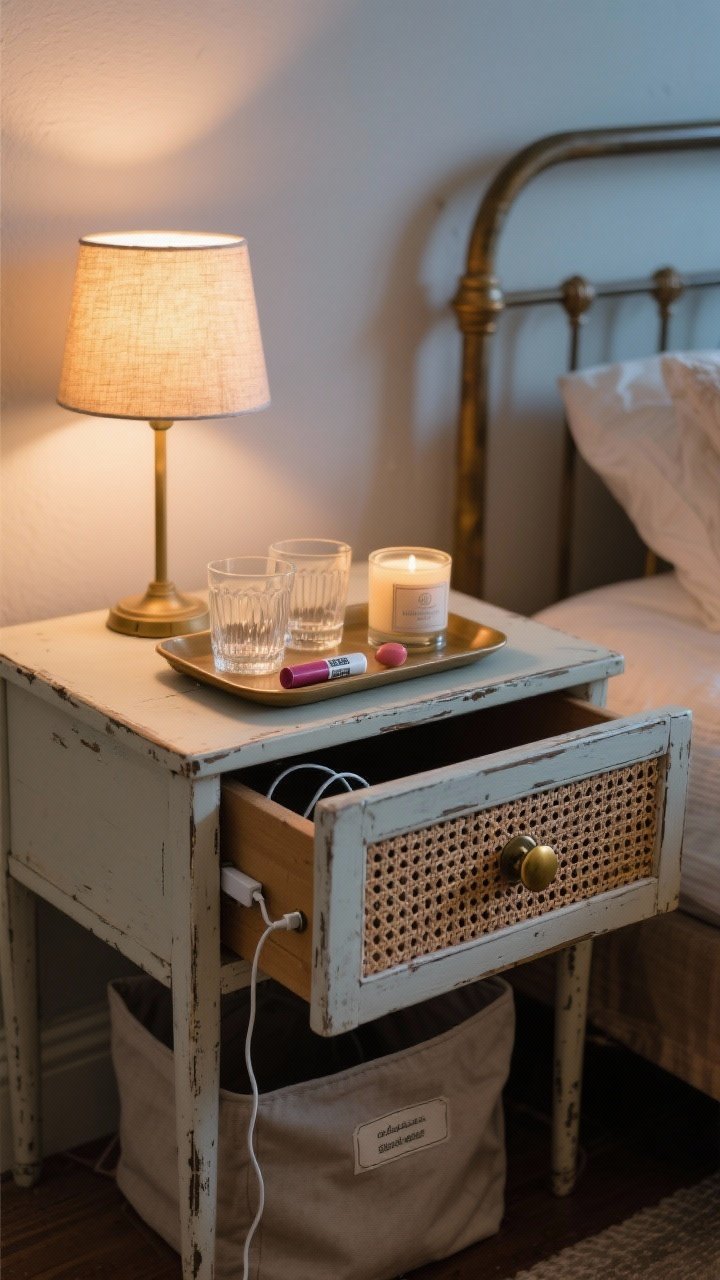 Medium shot of a styled nightstand vignette with functional storage: a small tray corralling glasses, lip balm, and a candle; a drawer slightly open showing a hidden charging cord routed through the back and secured with a stick-on cable clip; thrift-flipped drawer front with added cane webbing and new brass knobs. Include a labeled fabric under-bed storage bin peeking from beneath the bed in the background. Calm evening lighting from a warm bedside lamp; shot at a slight angle for depth.
