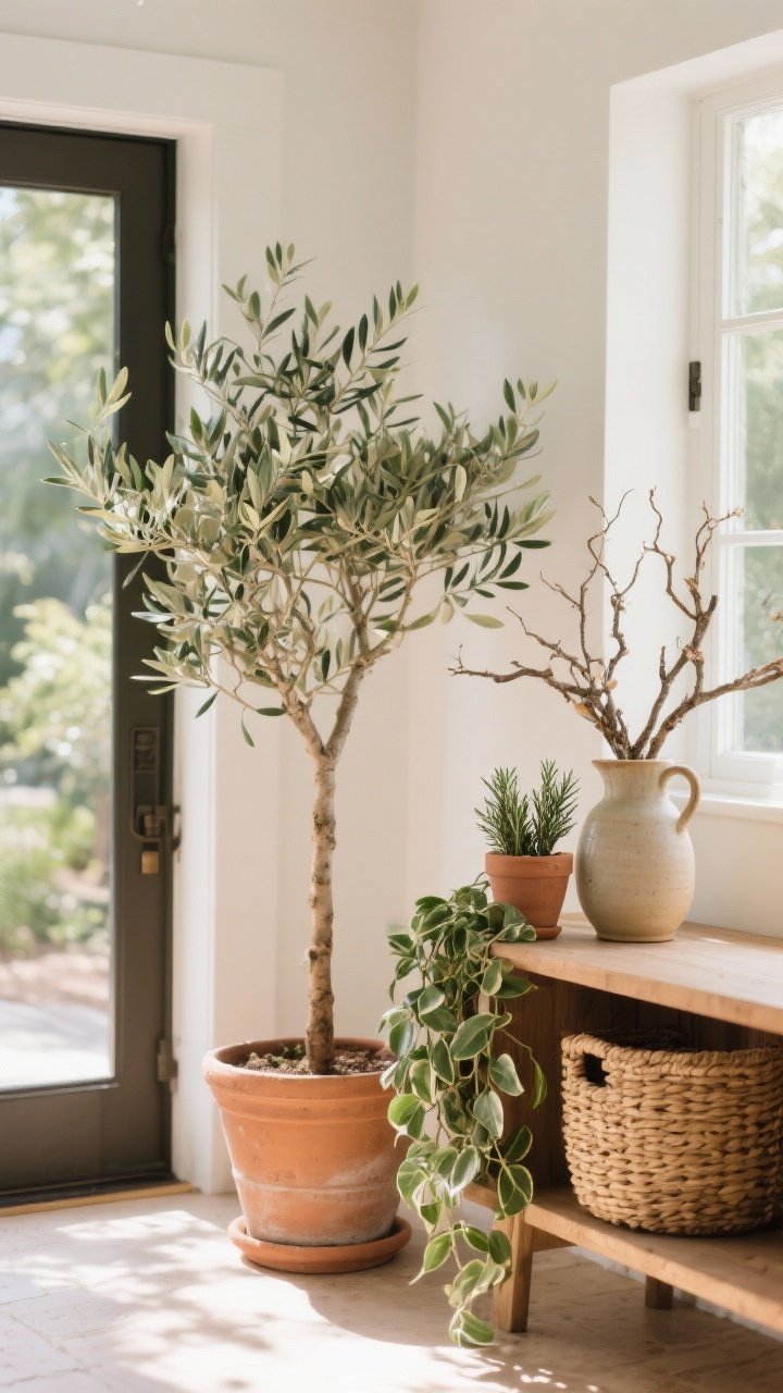Medium shot of a sunlit entry console displaying nature-led decor: an olive tree in a terra-cotta planter on the floor, a trailing pothos cascading from a woven basket on the console, and a small ceramic pot of rosemary on top; include a foraged branch arrangement in a simple jug, placed near a window; materials are terra-cotta, ceramic, and woven fiber; fresh, airy, plant-forward energy.