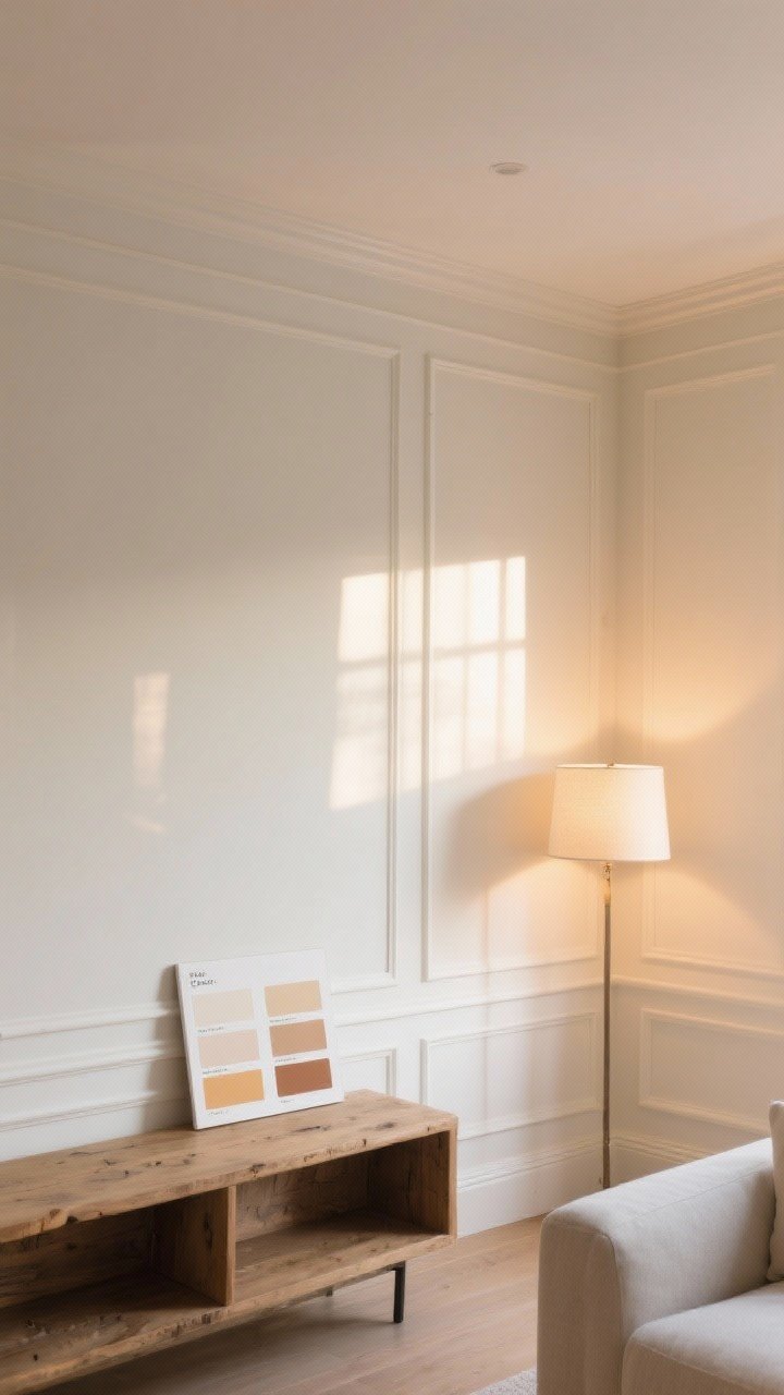 Medium shot of a sunlit living room wall showcasing warm whites: creamy off-white walls with subtle greige undertones, slightly brighter warm white trim and baseboards for gentle contrast, and a softly warm ceiling tone to avoid cool cast; include a small paint sample board leaning on a raw wood console showing three labeled swatches (walls: creamy off-white, trim: brighter warm white, ceiling: warm whisper); morning light on one side and evening lamp glow on the other to illustrate shifting warmth; minimal decor to emphasize color temperature.