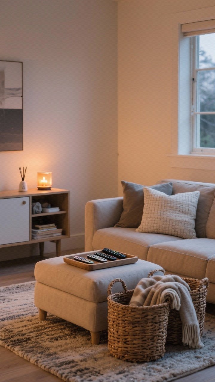Medium shot of a tidy living area illustrating the quick bonus tips: woven baskets holding throws, a low tray corralling remotes on the ottoman, closed storage cabinet concealing miscellaneous items, an electric candle warmer glowing next to a diffuser for soot-free scent, and a washable rug underfoot with machine-washable cushion covers on the sofa; warm, clean evening lighting.