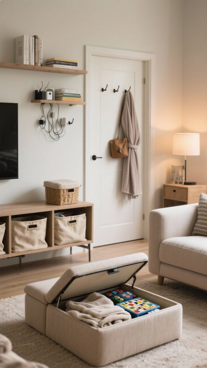 Medium shot of a tidy living room showcasing soft, hidden storage: an upholstered storage ottoman with lid slightly open revealing blankets and board games; shelving with canvas fabric bins for a tailored look; a nightstand with a lidded basket corralling chargers and books; removable hooks behind a door holding a robe and bag; surfaces cleared, clutter stashed; warm ambient light, serene and organized mood.