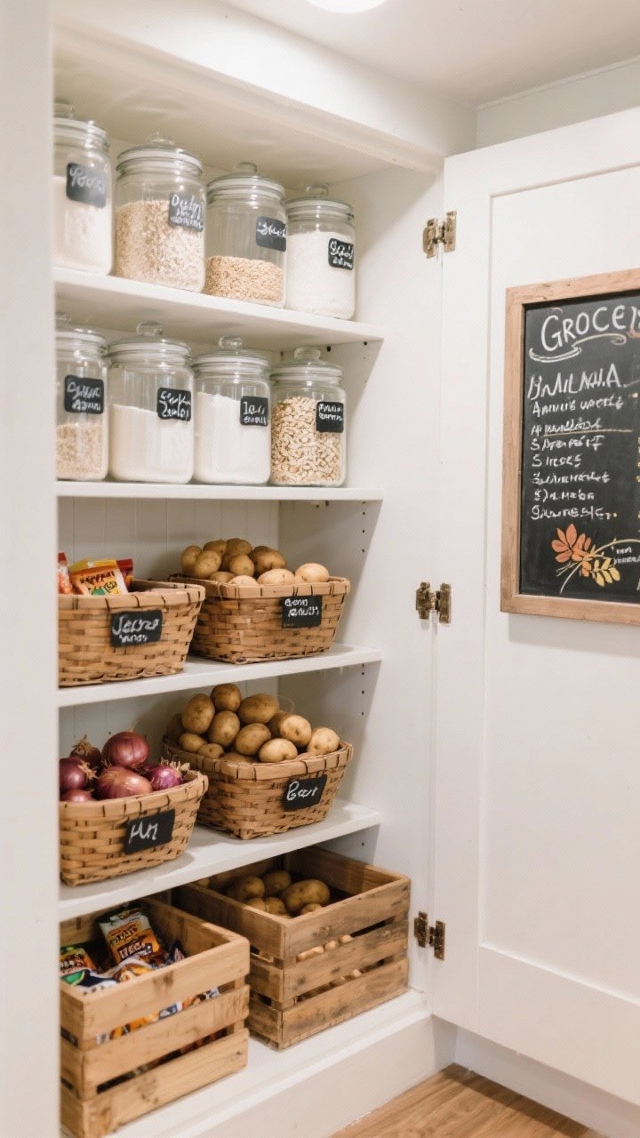 Medium shot of a tidy pantry cabinet interior: shelves lined with airtight glass canisters of flour, sugar, oats labeled with handwritten tags; wooden crates/baskets organizing snacks and onions/potatoes; a small chalkboard on the inside of the door with grocery lists and a seasonal menu; bright, practical lighting and general-store vibes.