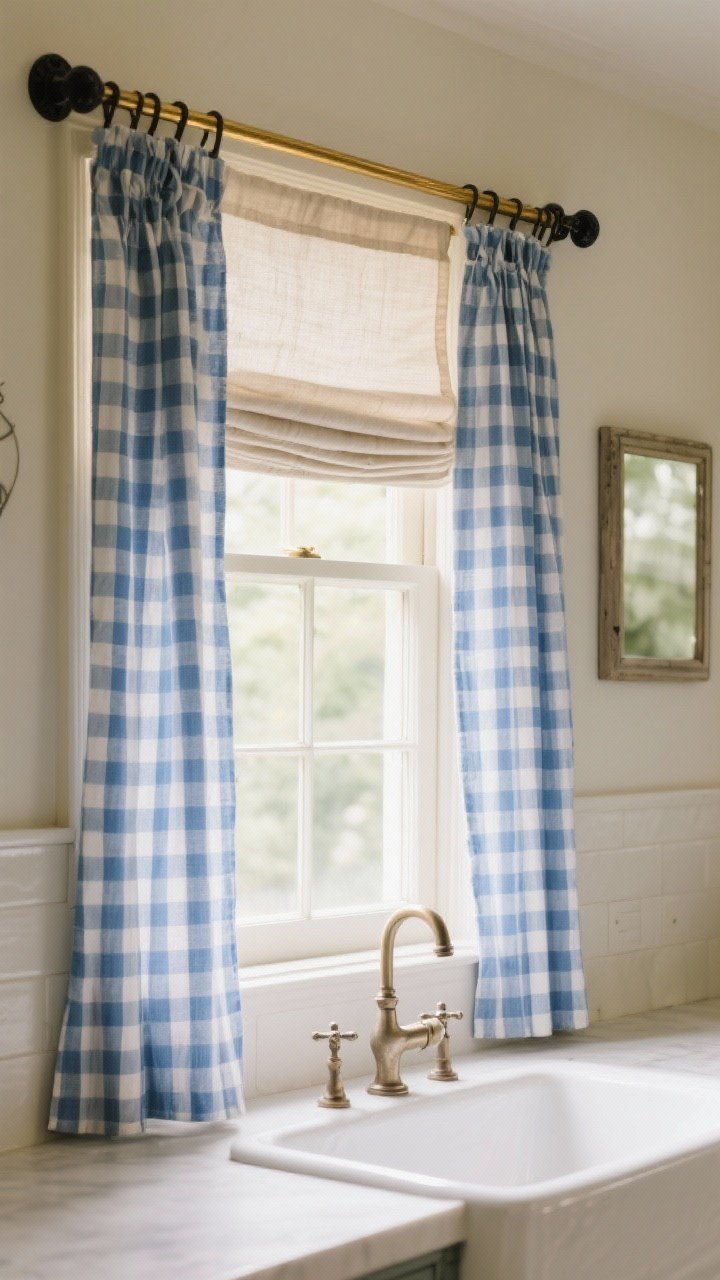 Medium shot of a vintage-chic window over an apron-front sink: cafe curtains in blue-and-white gingham hung on a slim brass rod, light filtering through for a breezy feel; black iron brackets echo other hardware; linen Roman shade rolled halfway up on an adjacent smaller window; classic faucet, soft daylight glow, photorealistic.