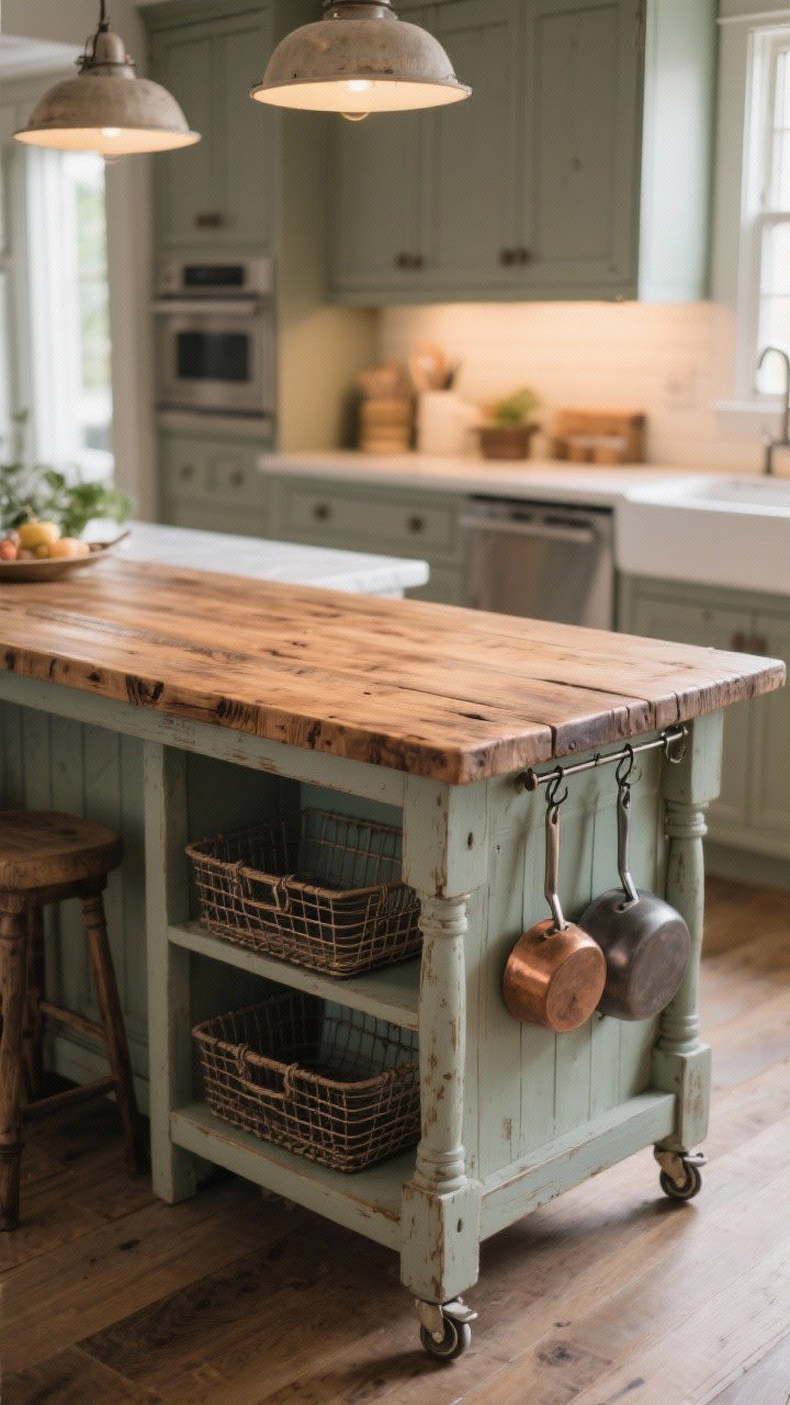 Medium shot of a vintage farm table used as a kitchen island: timeworn oak top sealed with food-safe oil showing rich grain, casters added to reach 36-inch counter height, lower shelf with wire baskets for storage, and a side rail with hooks for pans; soft task lighting overhead; surrounding cabinetry blurred for focus; inviting, functional feel from a slightly elevated angle.