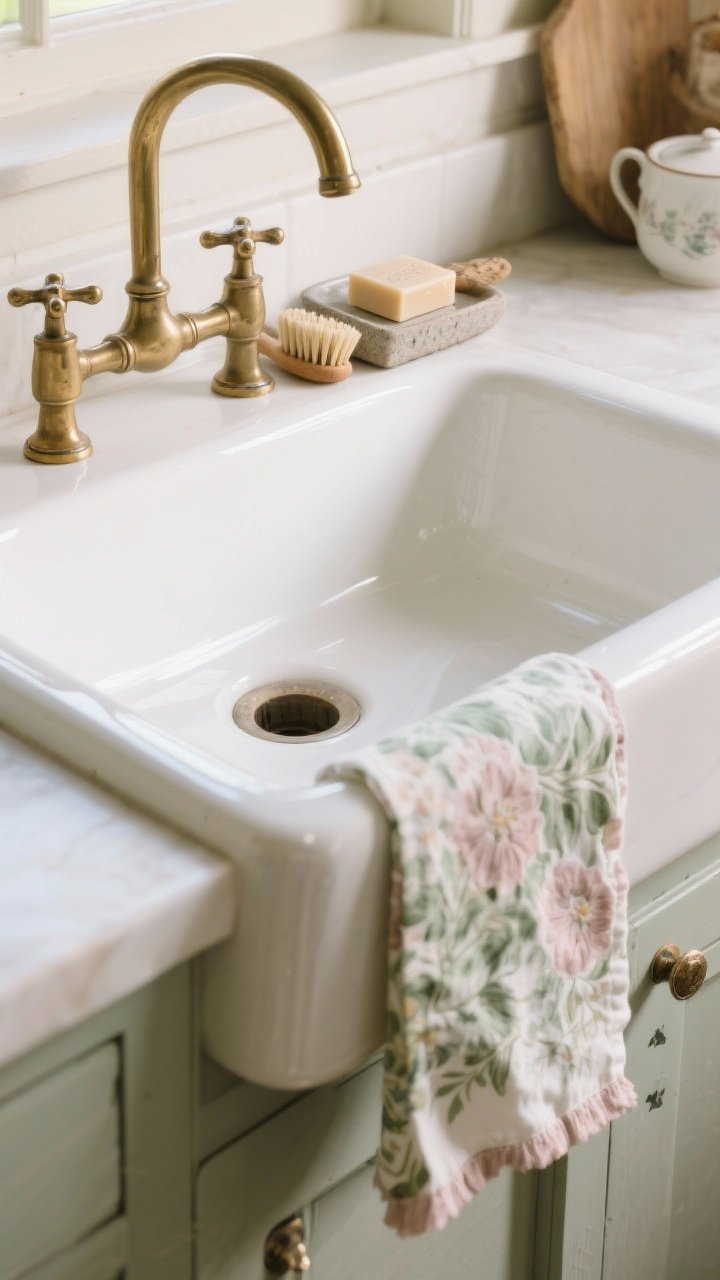 Medium shot of a vintage-style apron-front farmhouse sink in glossy white fireclay with soft curved edges; paired with a brass bridge faucet; on the rim a wooden dish brush, natural bar soap, and a small stoneware tray; a floral tea towel in faded greens and blush draped over the apron front; gentle morning light reflecting off porcelain, photorealistic.
