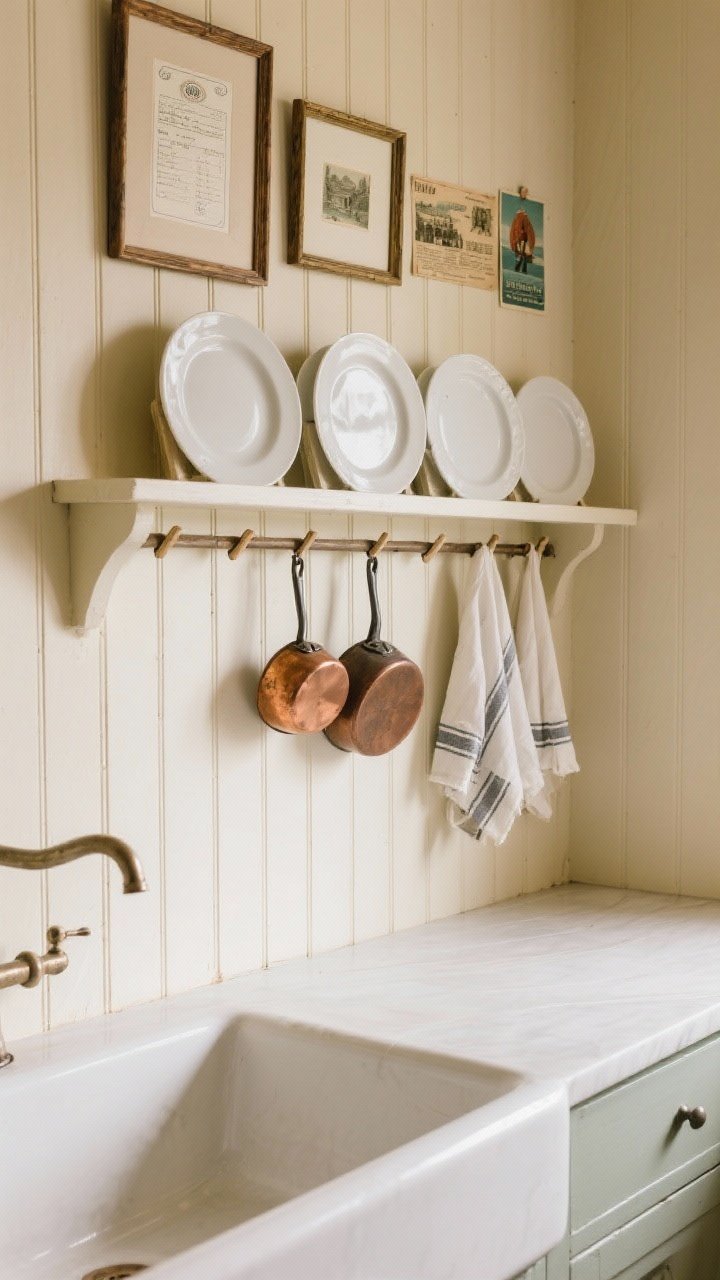 Medium shot of a wall with a Shaker-style peg rail and a plate rack above a farmhouse sink; everyday white plates displayed vertically, tea towels draped on pegs, a couple of copper pans hanging; a narrow ledge above the rail holds framed recipe cards and vintage postcards; soft, warm light, beadboard wall in cream, practical and pretty old-school vibe.
