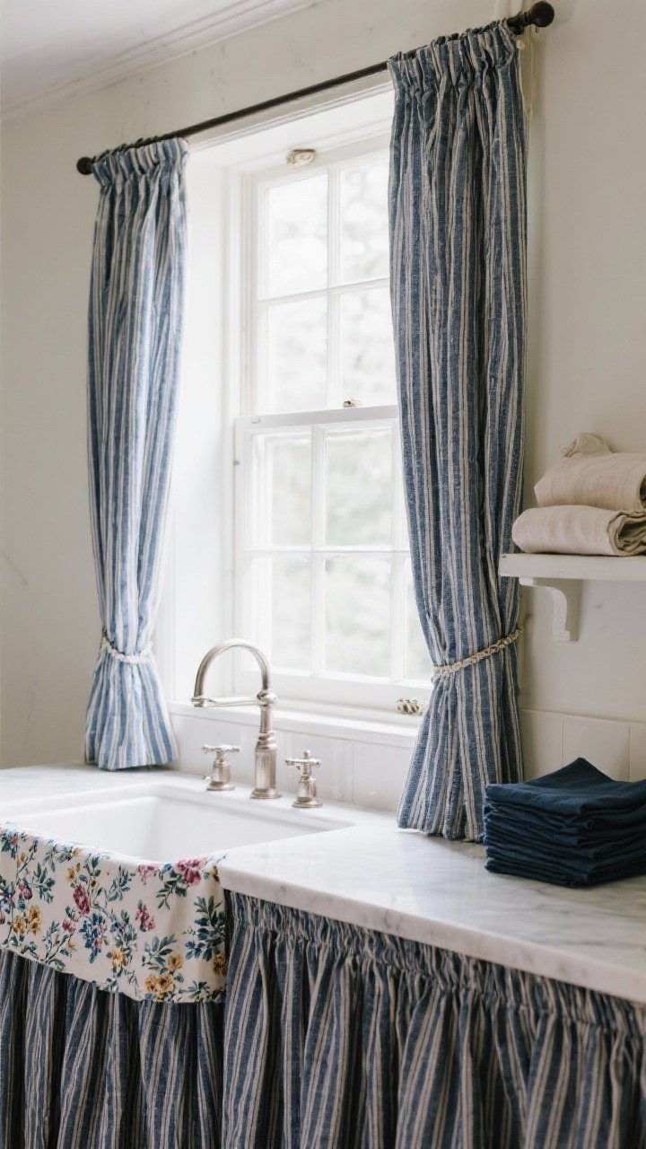 Medium shot of a window over a skirted sink: café curtains on a slim rod in navy ticking stripe, a coordinating skirted sink in the same ticking stripe; a small floral chintz valance folded on a nearby shelf and linen solid napkins stacked on the counter; tight, cohesive palette, soft diffused daylight filtering through the fabric.