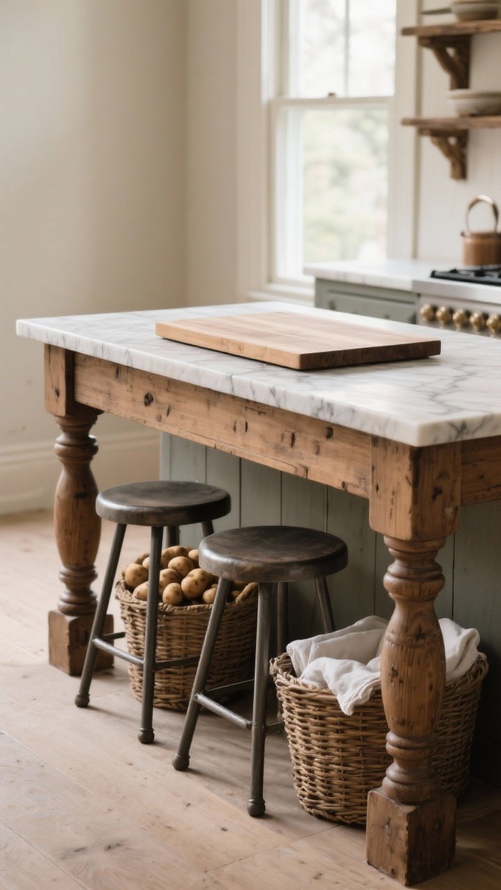 Medium shot of an antique farm table used as a kitchen island: chunky turned legs, matte wood finish, topped with a marble slab section and a large butcher block board for prep; two stools with metal legs tucked in, woven baskets stored underneath for linens and potatoes; neutral palette with warm wood and soft light from a nearby window, photographed at a slight corner angle for depth.