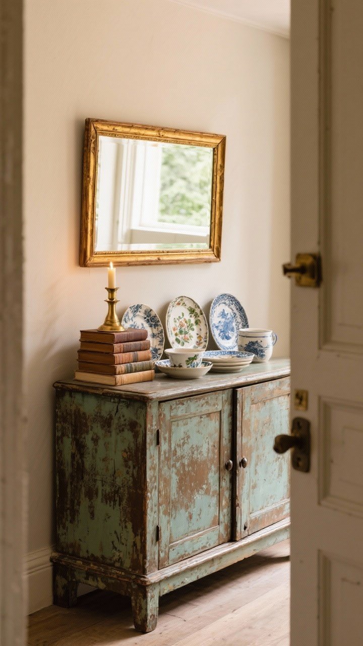Medium shot of an entryway vignette featuring functional vintage: an antique sideboard with patina, mismatched transferware and crockery styled on top, a stack of old books under a brass candle, and a gilded wood-framed mirror bouncing light above; worn edges and original hardware intact, warm ambient lighting emphasizing age and character.