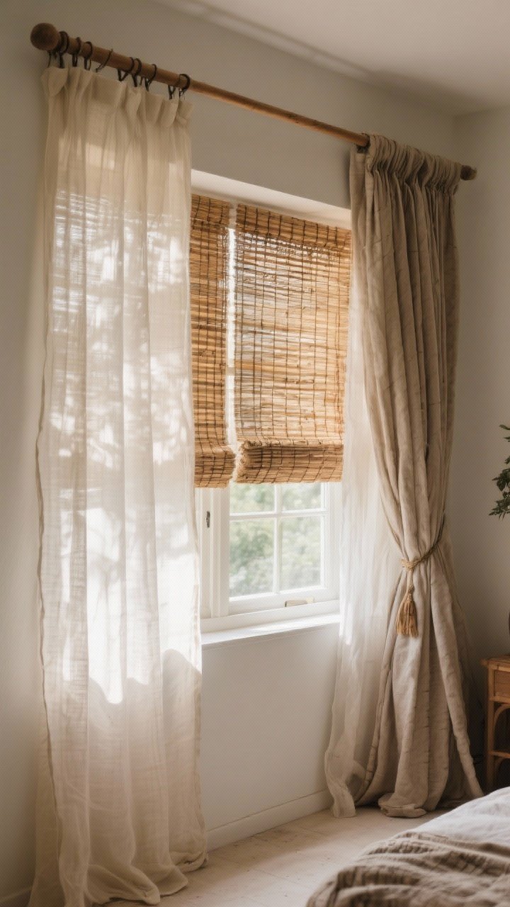 Medium shot of boho windows with layered treatments: sheer linen panels as the base, woven wood/bamboo shades mounted inside for texture and privacy, and a heavier curtain pulled to the side as blackout option; rods hung high and wide to elongate the room; soft, diffused sunlight glowing through sheers; calm, airy mood; photorealistic.