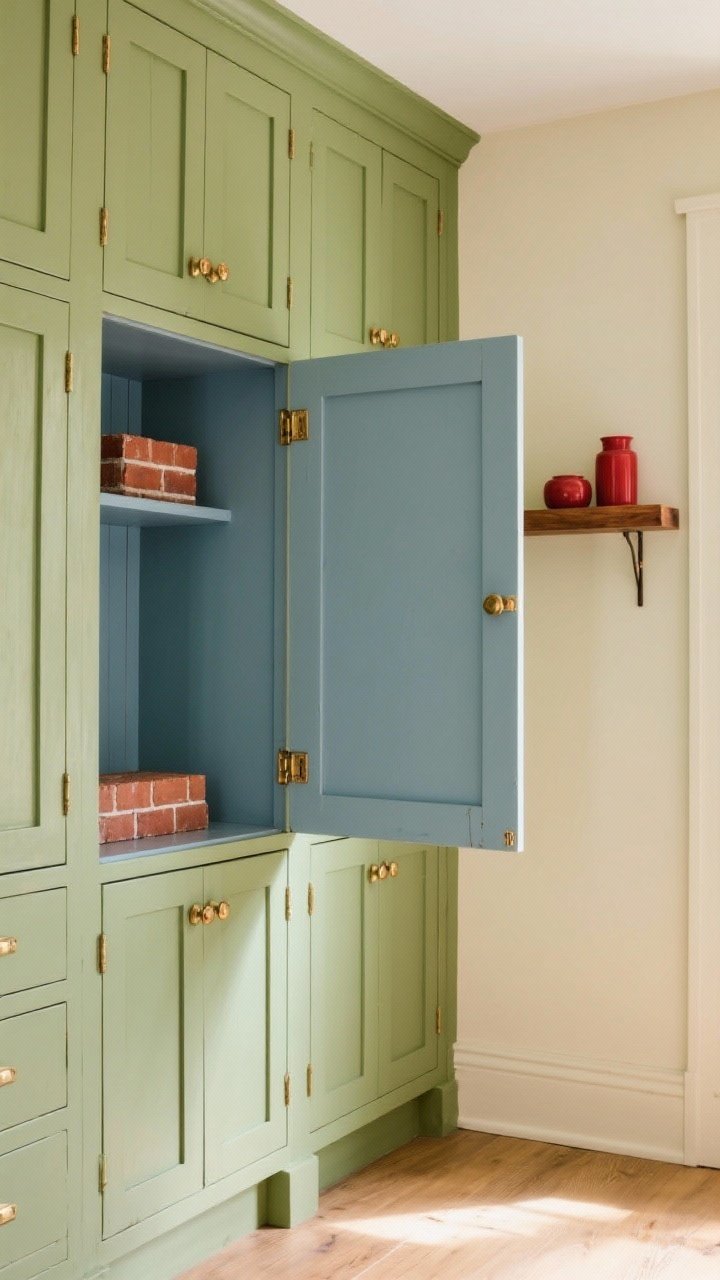 Medium shot of cabinetry and walls painted in heritage colors: sage green lower cabinets with creamy buttermilk walls, brass hardware; open cabinet door reveals a soft contrasting interior in dusty blue; accents of brick red via small accessories; optional vignette of a walnut shelf for dusty blue + walnut pairing; warm, cheerful lighting.