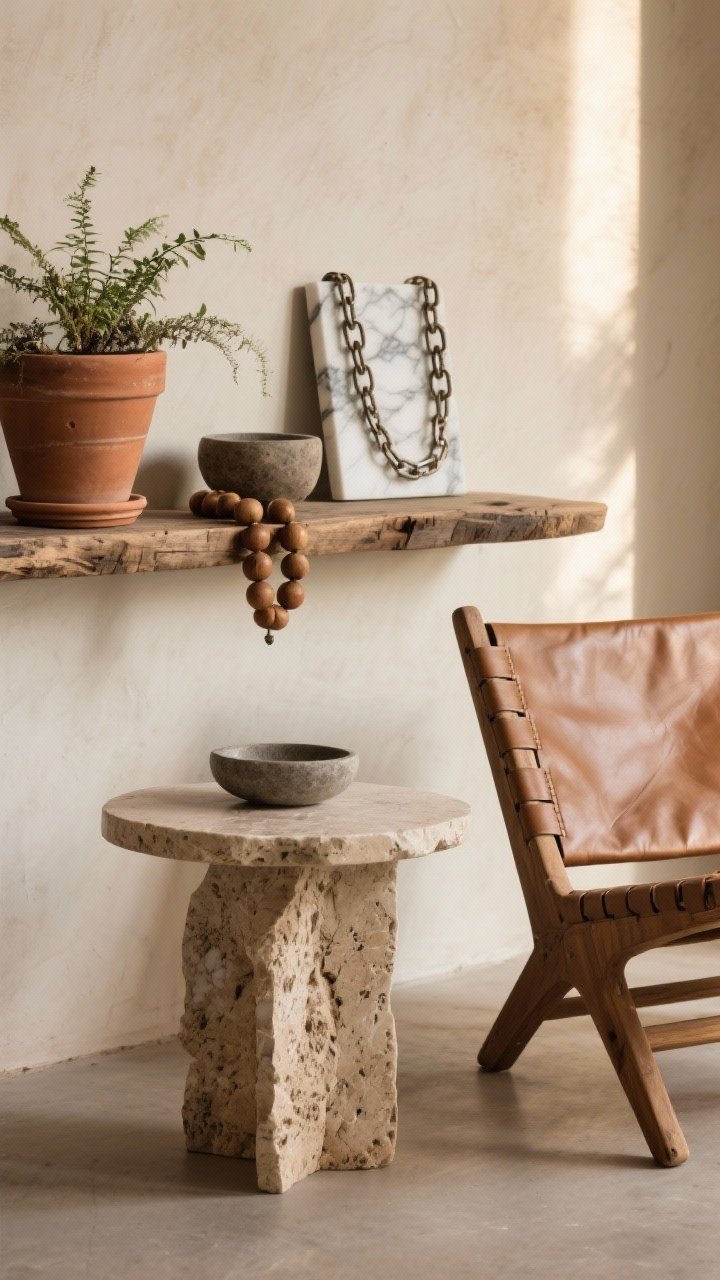 Medium shot of earthy materials that age well: a travertine side table next to a leather chair, reclaimed raw wood shelf, unglazed terracotta planter with a plant, plus marble chain links, a soapstone bowl, and a wood bead garland as accessories; warm, directional light to reveal patina and texture.
