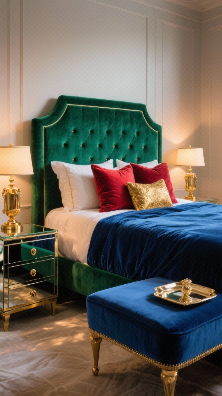 Medium shot of jewel-toned glam: emerald velvet headboard and sapphire velvet bench at the foot of the bed, ruby accent pillows, antique gold/brass hardware on nightstands, glossy lacquer tray on a mirrored nightstand; balanced warm brass lighting via twin table lamps; evening glow reflecting subtly on metallics; slight angle to catch the sheen of velvet and lacquer.