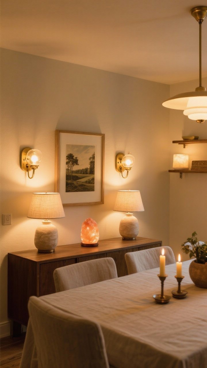 Medium shot of layered ambient lighting in a dining room: no overhead light on, instead three to four sources—two linen-shaded table lamps on a sideboard, a dimmable brass sconce pair flanking artwork, and beeswax candles glowing on the table; bulbs at 2200K–2700K create a golden, cozy atmosphere; include a small salt lamp on a shelf and a picture light over a vintage landscape, zero glare, inviting warmth.