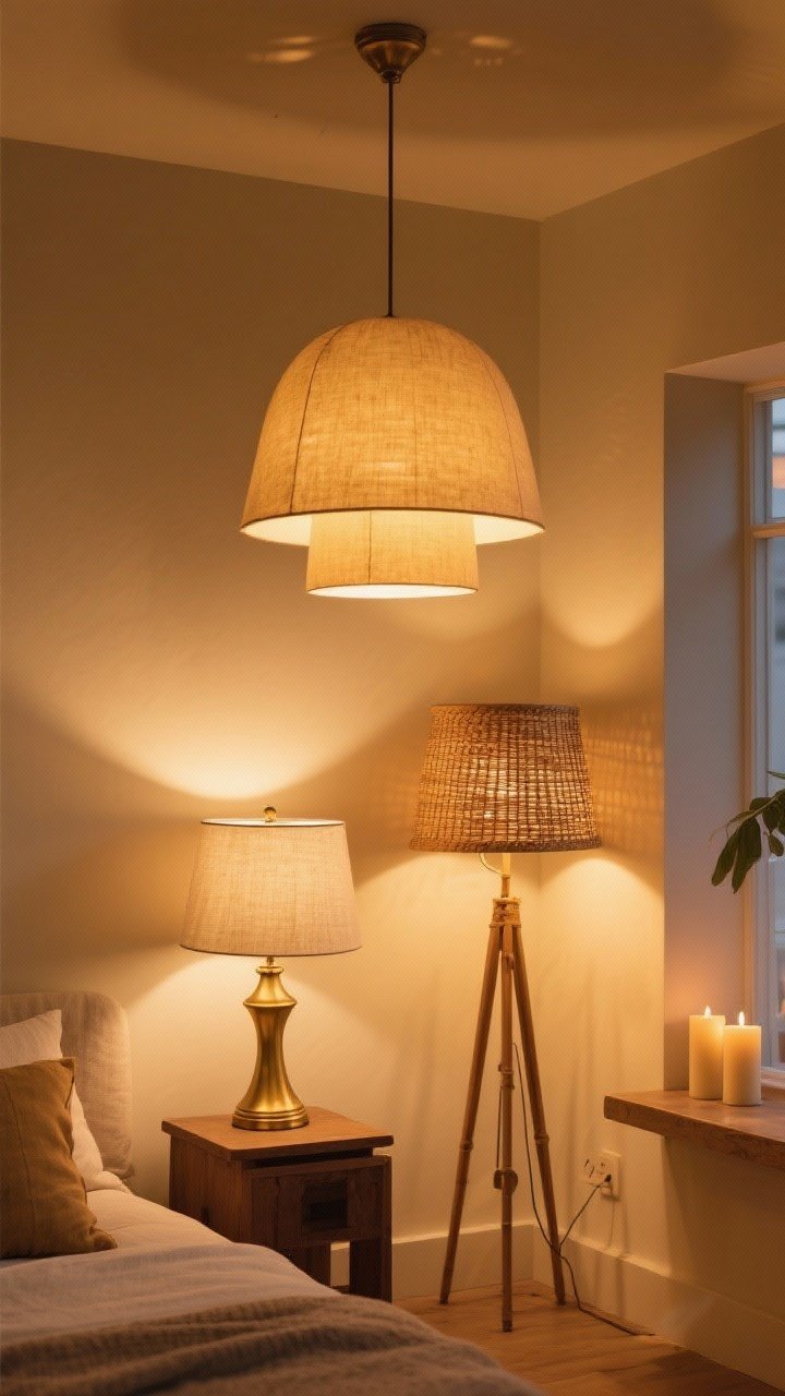 Medium shot of layered lighting creating a golden glow: a warm-toned pendant with diffused shade overhead, a brass table lamp with a linen shade on a side table, and a rattan-shaded floor lamp in the corner. Add candles on a shelf for ambient warmth. Use 2700K–3000K bulbs for a sunset-inside vibe; the image should show soft pools of light, no glare, with linen and rattan shades visibly softening illumination.
