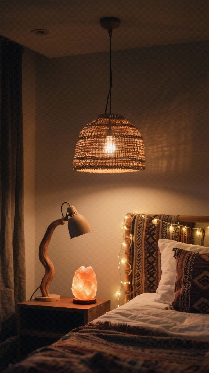 Medium shot of layered lighting creating a soft, moody glow: woven pendant with warm 2700K bulb overhead (on dimmer), sculptural swing-arm bedside lamp for task lighting, fairy lights draped subtly along a headboard, plus a glowing Himalayan salt lamp on the nightstand; warm, cozy pools of light, no harsh overhead glare; boho textiles visible but secondary; photorealistic night scene.