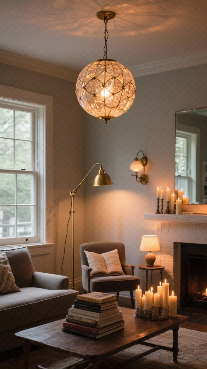 Medium shot of layered lighting in a living room vignette, straight-on: an overhead fixture with personality (capiz or glass globe) dimmed warm, a brass floor lamp by the sofa for task light, a swing-arm sconce near a reading chair, and a petite table lamp perched on a stack of books; candles clustered on the mantle for glow; warm 2700–3000K bulbs, moody Anthropologie ambiance, subtle mirror reflecting window light, photorealistic