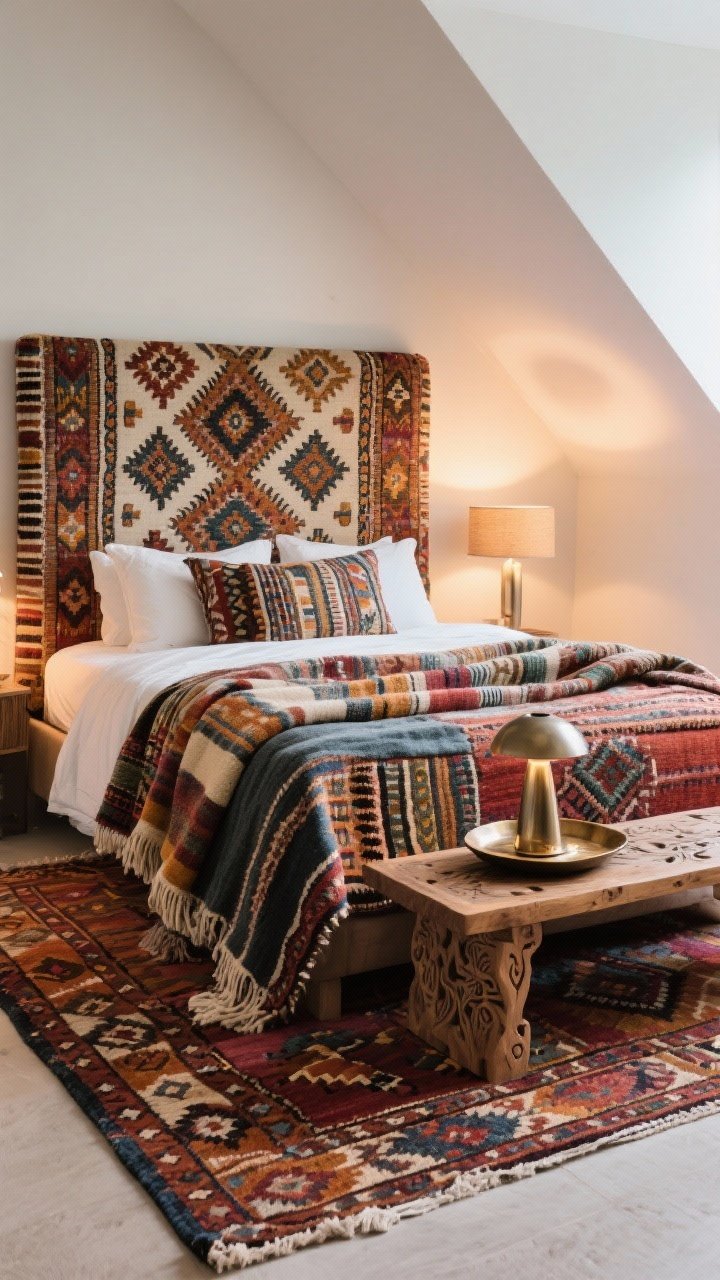 Medium shot of modern global eclectic: statement kilim rug setting the color story, textile-upholstered headboard with Suzani-inspired pattern, handwoven throws layered on the bed, carved wood bench, mixed metals in lamp and tray for collected energy; warm ambient lighting; angled perspective to showcase layered textiles and mixed materials without feeling theme-y.
