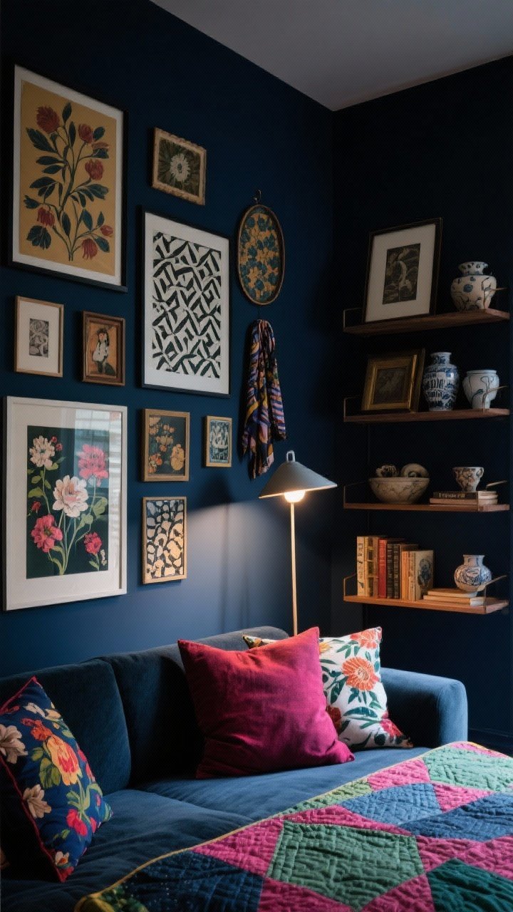 Medium shot of moody modern maximalism: navy-painted walls as a dark base, saturated prints in pillows and a quilt, layered art gallery wall with mixed frames, repeated floral and geometric motifs in different scales, open shelves displaying curated vintage books, ceramics, and a framed scarf; dim evening lighting with a single shaded lamp pooling light; angled perspective to reveal layered depth.