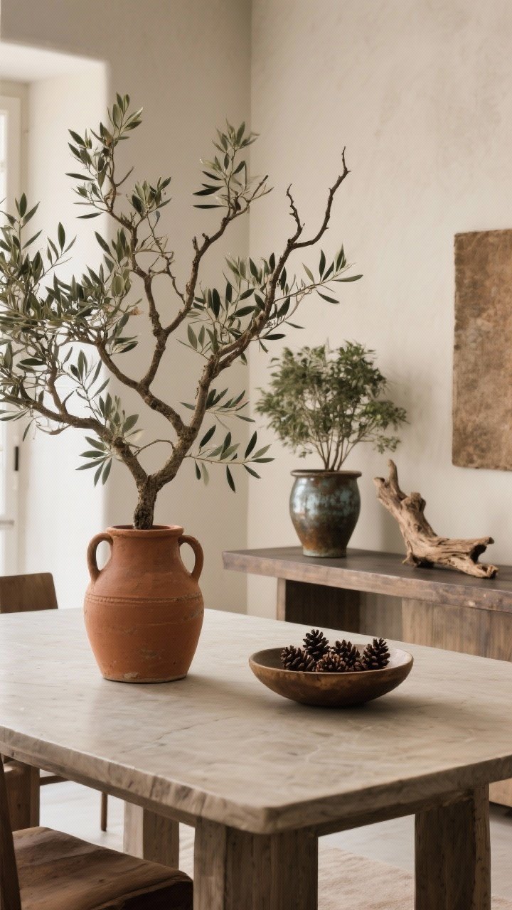 Medium shot of nature brought indoors with effortless feel: large foraged branches in a rustic jug on a table, a low-maintenance olive tree in a terracotta planter, and natural decor like a shallow bowl of pinecones and a piece of driftwood on a console; swap glossy planters for patinated metal and rough ceramic; earthy tones, filtered daylight highlighting organic textures