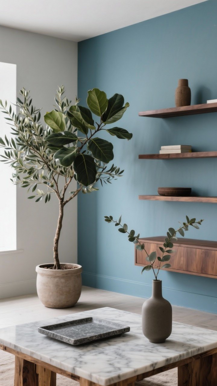 Medium shot of nature-forward accents against glacier blue walls: an olive tree in a simple pot, a rubber plant nearby, eucalyptus stems in a matte vase on a coffee table; a honed marble or soapstone tray atop raw oak; walnut shelving adds warmth; matte finishes throughout, no shiny surfaces; photorealistic, side angle with soft natural light to emphasize organic textures.