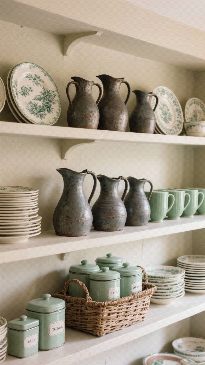 Medium shot of open shelves styled with curated collections: ironstone pitchers grouped by size, stacks of transferware plates, a row of jadeite mugs, and labeled enamel canisters; odd-number groupings (threes and fives), small tea tins corralled in a vintage wicker basket; neutral wall backdrop; gentle afternoon light to keep it calm, slightly angled view to show depth without clutter.