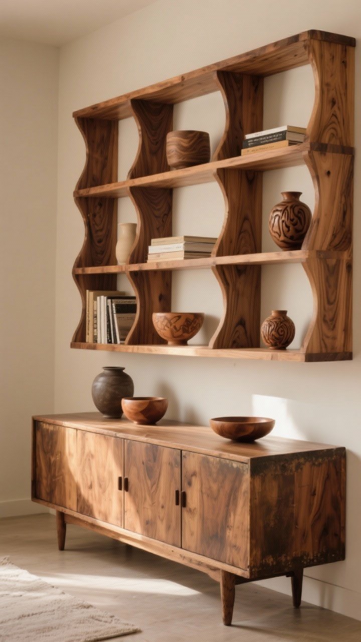 Medium shot of sculptural wood storage: a solid wood bookcase with visible grain and organic-shaped shelves, plus a vintage credenza with character; styled with negative space—select ceramics, carved wood bowls, and a few books; mix of closed storage below and open display above; warm, directional light creating gentle shadows, avoiding a cluttered look.