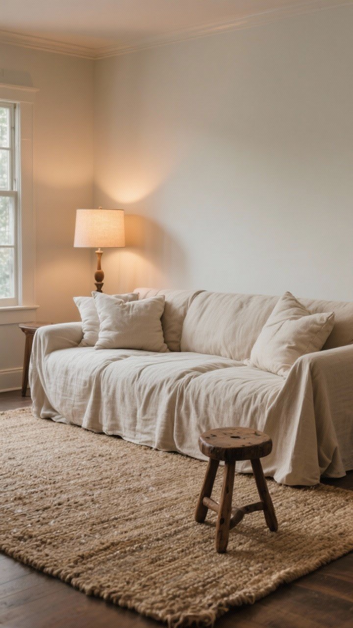 Medium shot of soft, sink-in seating in a living room: a generously scaled slipcovered sofa in durable natural linen, plush down-alternative cushions with visible soft creasing, and a washable cotton duck slipcover; layout shows furniture floated on a large natural-fiber rug creating a cozy zone; a small vintage wood stool used as a movable ottoman; warm ambient lamp light with gentle evening glow.