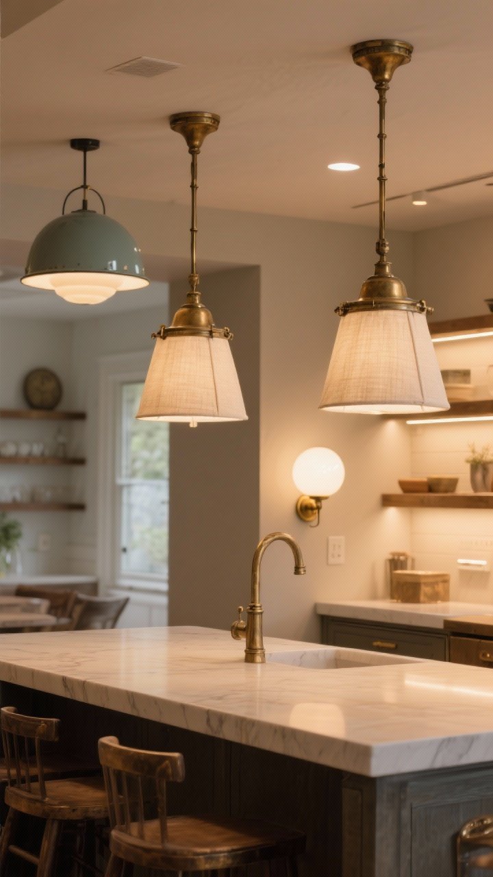 Medium shot of statement lighting: a pair of aged brass pendants with linen shades over the island, milk-glass globe sconce near open shelving, and an enamel dome fixture in the background; layered lighting with ambient, task, and accent sources on dimmers; warm 2700K LED glow creating a cozy atmosphere; straight-on composition showcasing the mixed finishes.