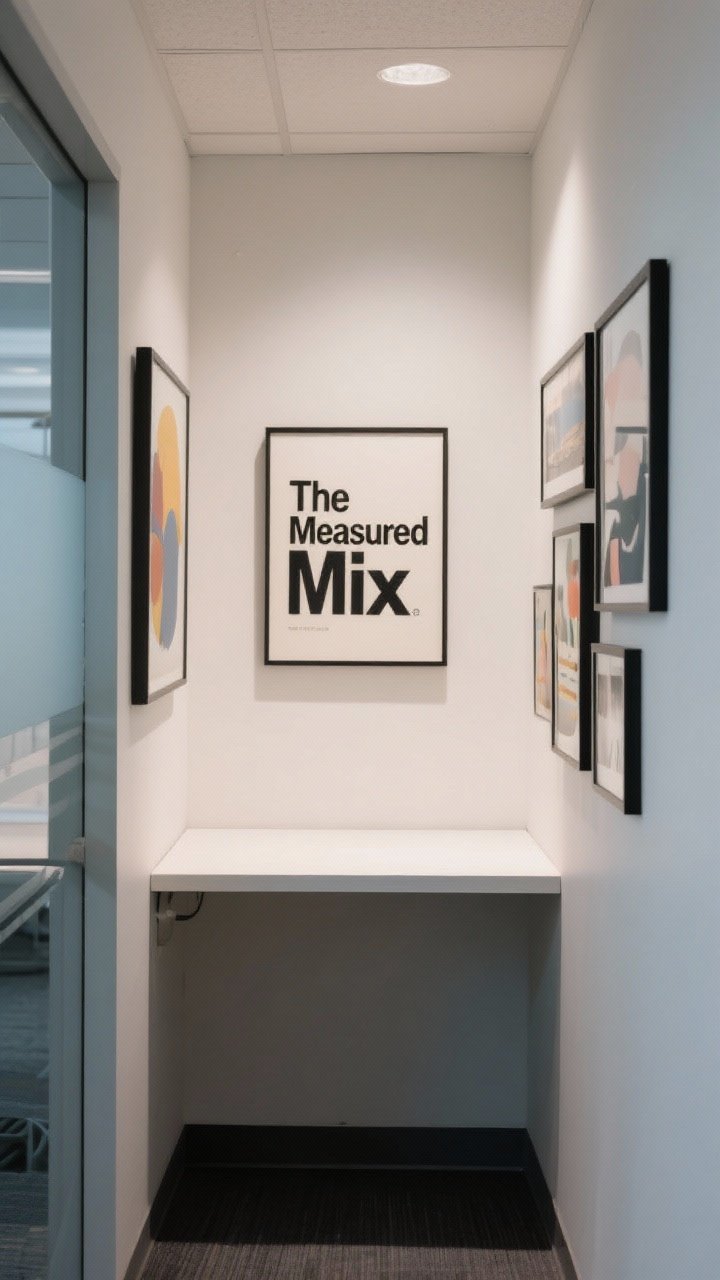 Medium shot of “The Measured Mix” in an office nook: varied art sizes made cohesive by standardized