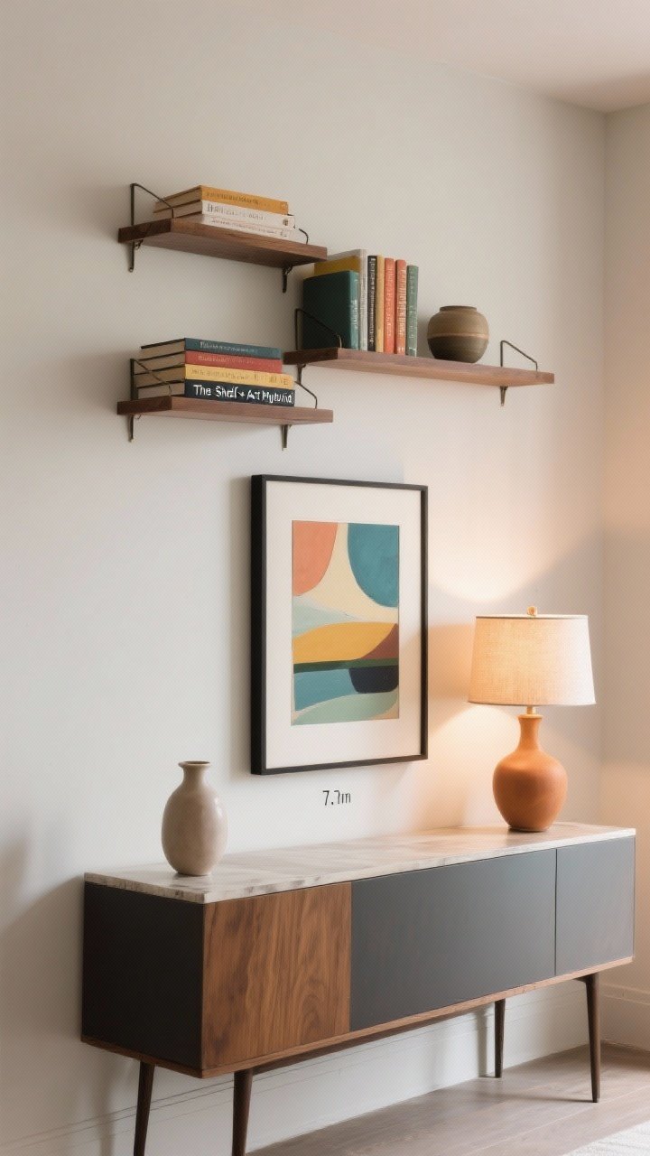Medium shot of “The Shelf + Art Hybrid” vignette: a wall-hung cluster above a styled console; lowest art piece hung 7 inches above the console; colors in books and a small vase echo hues from the art; a warm table lamp creates cozy illumination layering with soft daylight; odd-numbered groupings on the shelf (three items) for balanced harmony.