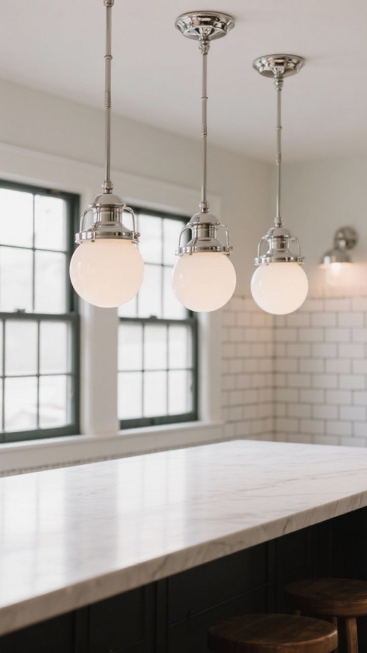 Medium shot of three schoolhouse glass globe pendants in polished nickel over an extra-long island; classic globes soften surrounding grid details from mullioned windows and subway tile; option shown with milk glass for a softer look; matching semi-flush mount visible in the background for cohesion; bright, even illumination, subtly reflective nickel finish.