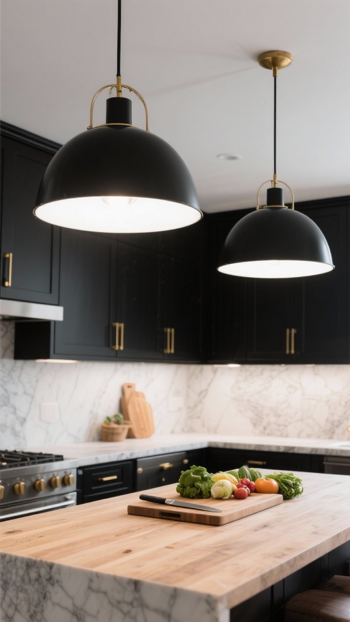 Medium shot of two black metal dome pendants with white interiors over a butcher block island; the white inner finish bounces directional light onto the prep zone; brass cabinet hardware and honed stone perimeter countertops create the black-white-brass “chef’s kiss” combo; clean, functional styling with cutting board and fresh produce illuminated below.