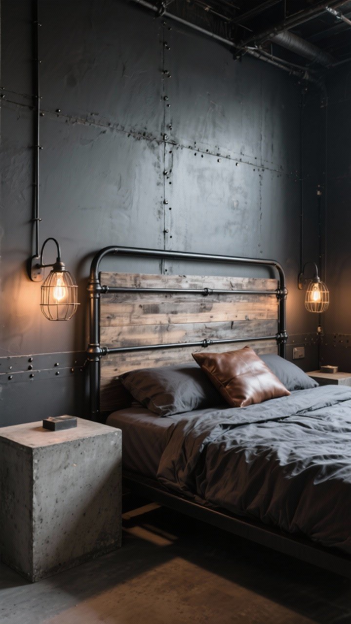 Medium shot of urban industrial edge: black metal bed frame with visible joints, weathered wood headboard panel, concrete side table, leather accent pillow; Edison bulbs in caged sconces casting warm, gritty light against a charcoal wall; exposed metal details on riveted nightstands; angled view capturing the contrast of metal, concrete, and wood.