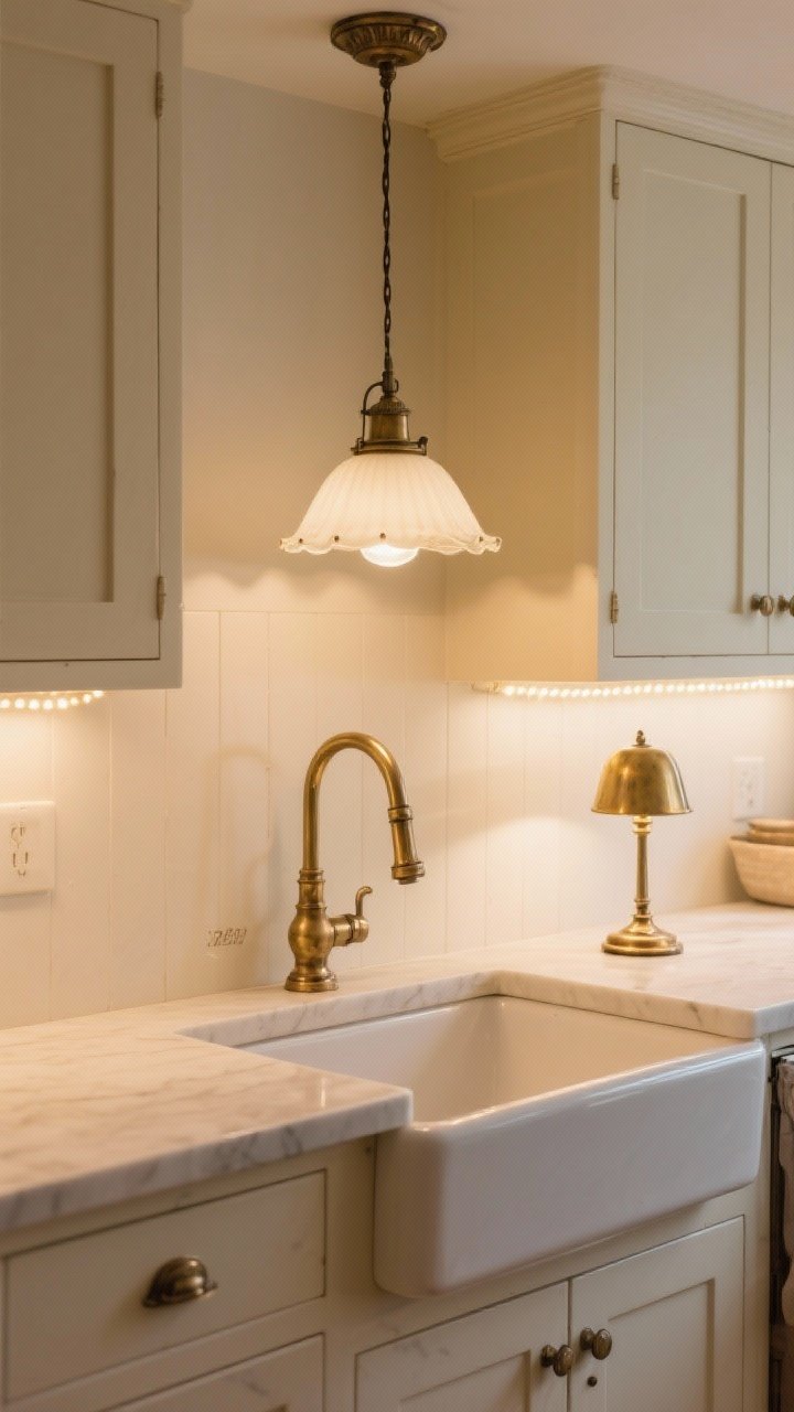 Medium shot of vintage-inspired lighting layers: a single statement pendant with milk glass shade over the sink, under-cabinet LED strip glow along cream cabinets, and a tiny brass-base lamp on the counter casting warm 2700K light; aged brass and enamel accents throughout; cozy farmhouse ambiance without harsh glare; photorealistic