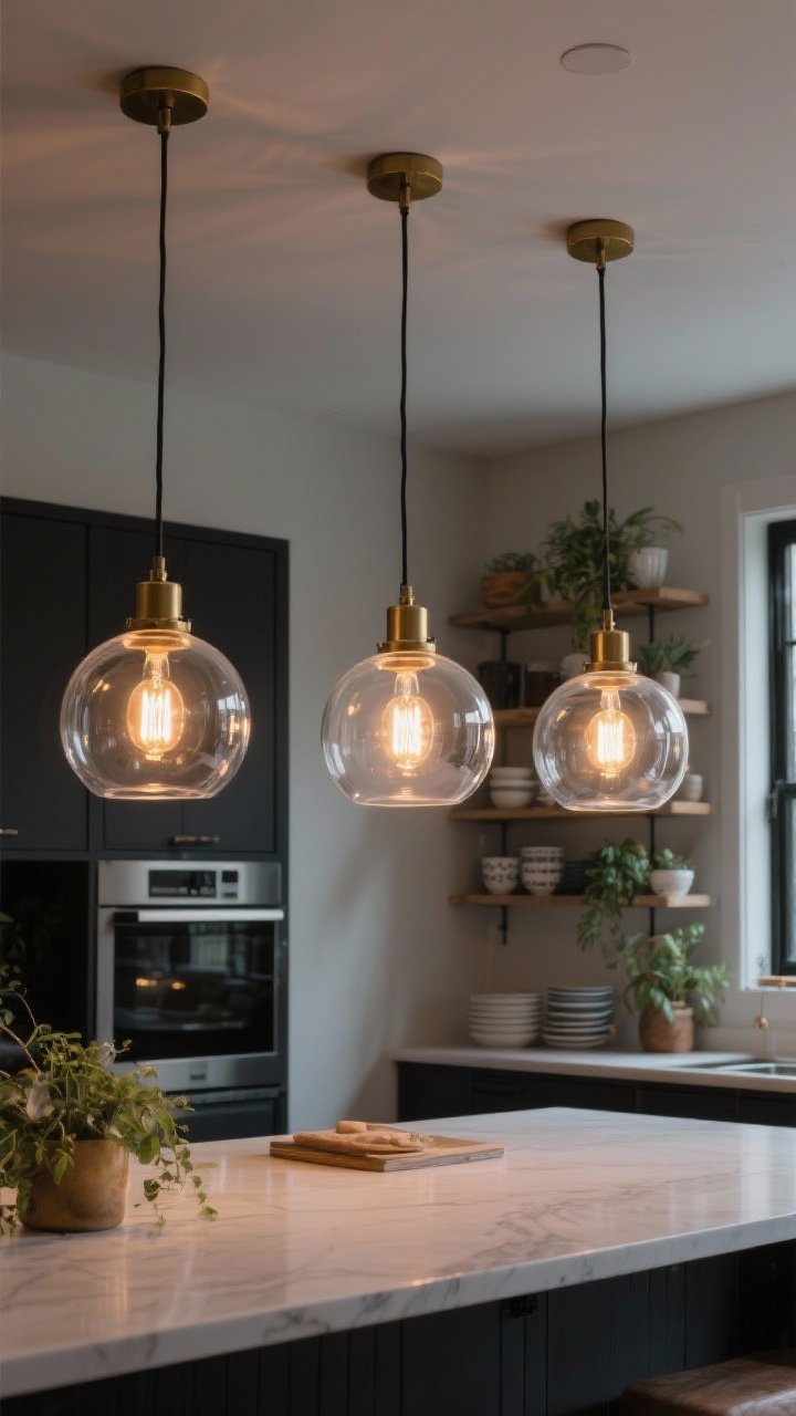 Medium shot over an island: three clear glass globe pendants with visible dimmable LED Edison-style bulbs (2700K) hang low in a kitchen with open shelving styled with plants and crockery. The transparency keeps the space airy for a lower ceiling; finishes are a mix of black and brass. Focus on the warm filament glow without visual clutter. Slight corner angle, soft evening light.