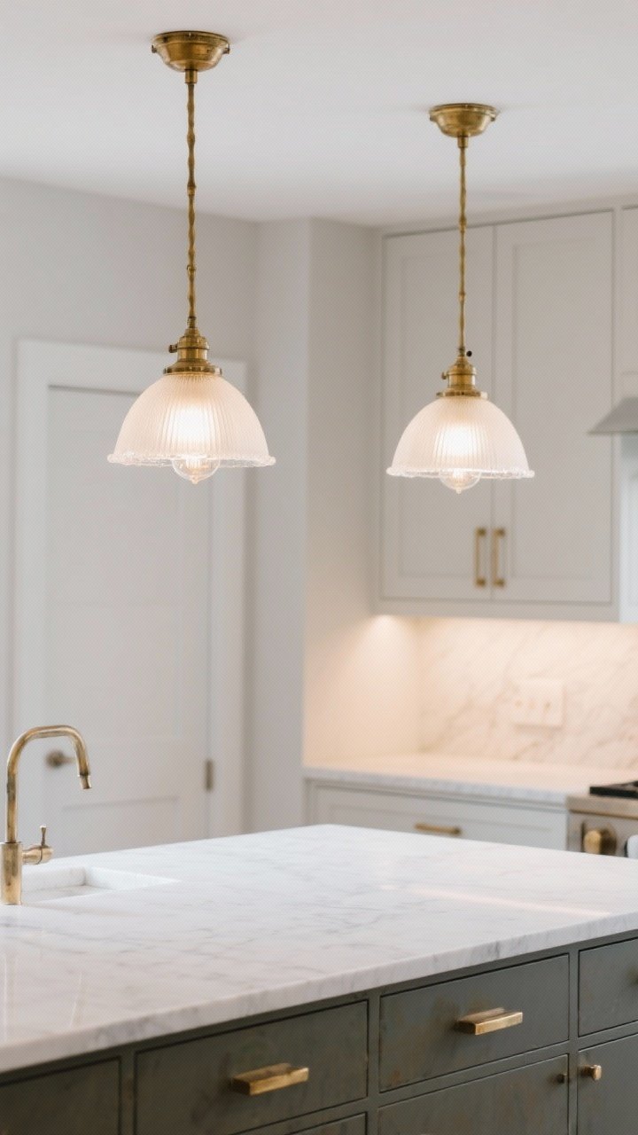 Medium shot over an island with two milk glass pendants capped in brass; even, diffused glow that hides the bulbs; unlacquered brass hardware on cabinets for a patina-friendly match; streamlined look achieved with two medium fixtures instead of three small; calm, flattering illumination across white quartz surfaces.
