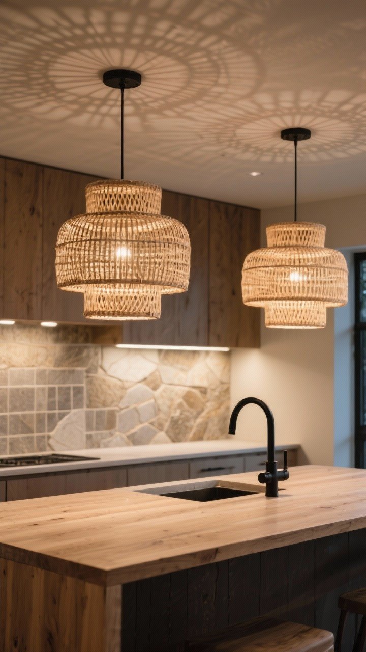 Medium shot: pair of woven rattan drum pendants in natural, bleached tones over a light oak island with matte black faucet for contrast. Streamlined shapes keep it modern; background shows stone and tile surfaces softened by organic texture. The pattern casts subtle, decorative shadows on the ceiling and island; supplemental under-cabinet task lighting visible. Corner perspective, warm evening ambiance.