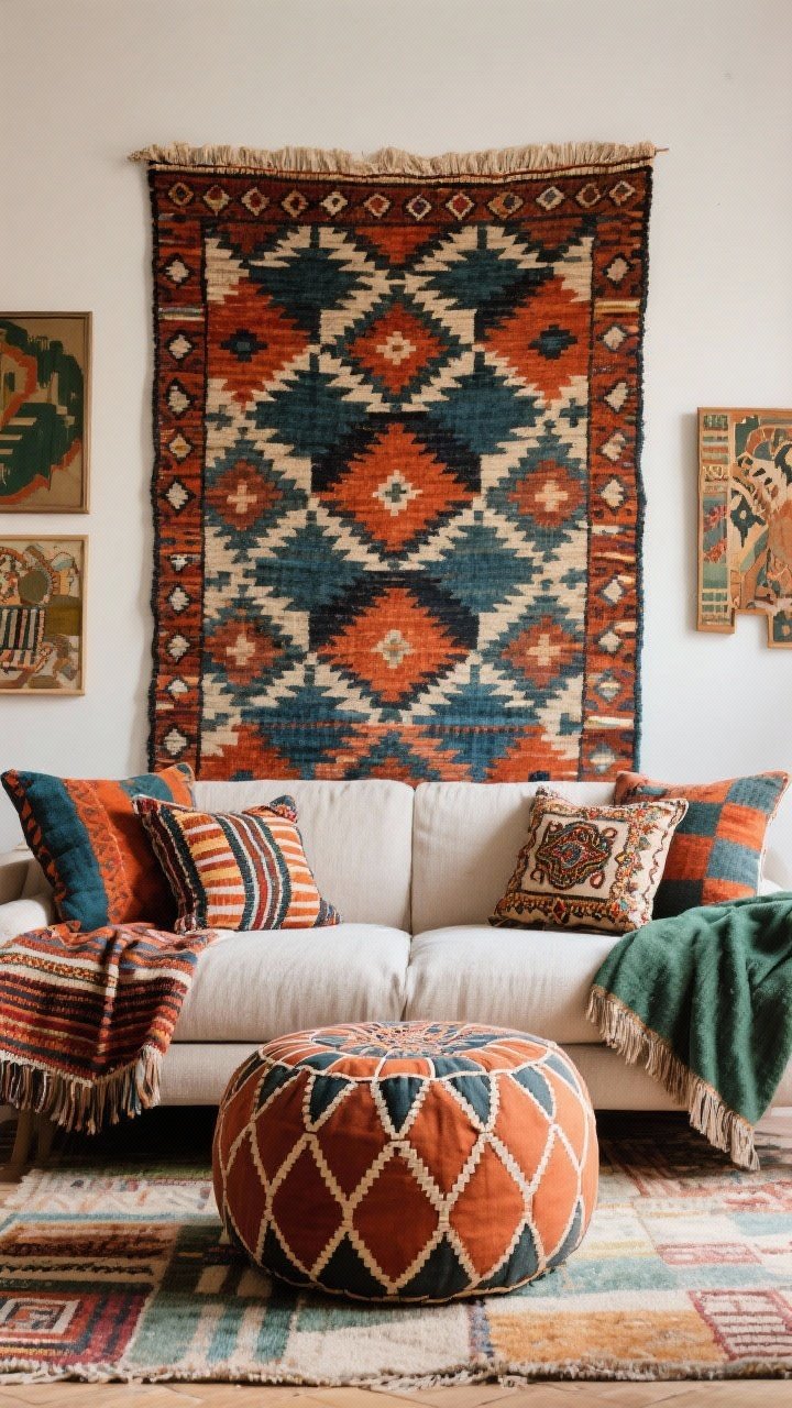 Medium shot: Pattern rhythm composition—large bold geometric Moroccan rug (large scale), medium-scale kilim-striped pouf and diamond-pattern ottoman, and small embroidered pillows on the sofa; color repeats in paprika, indigo, and olive throughout throws and art; balanced, cohesive maximalist scene under soft natural light, straight-on view to show pattern hierarchy.