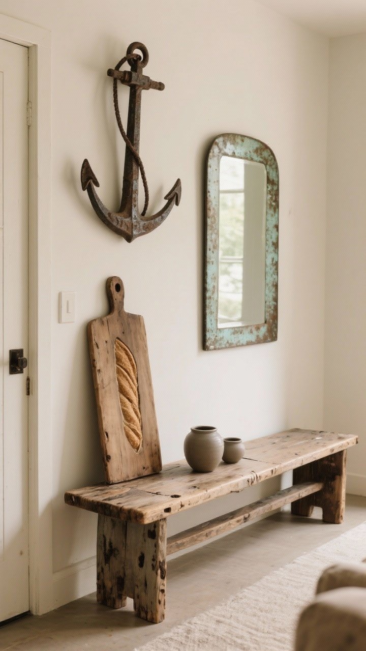 Medium shot: Purposeful vintage anchor in a calm entry or living area—show a weathered solid-wood bench with visible patina and dings, paired with a single antique breadboard leaning on the wall and a patinaed mirror above; restrained styling with matte ceramics on the bench; warm, diffused light highlighting the character of real wood and aged metal; curated farmhouse calm.