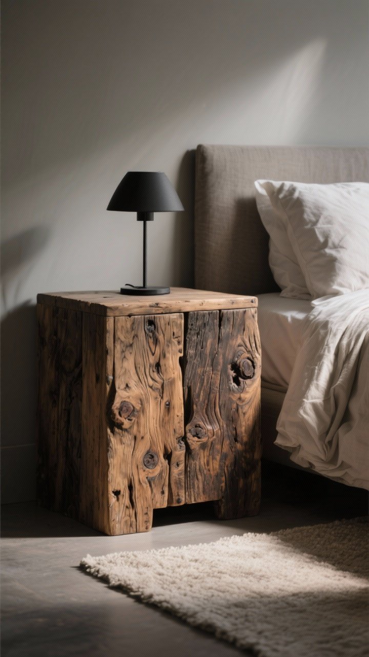 Medium shot: reclaimed wood nightstand with dramatic deep grain, knots, and tonal variation as the focal point; minimal accessories—just a matte black lamp for contrast; surrounding elements kept quiet with pale linen bedding and a soft neutral rug; moody yet cozy lighting that rakes across the textured wood, photorealistic.