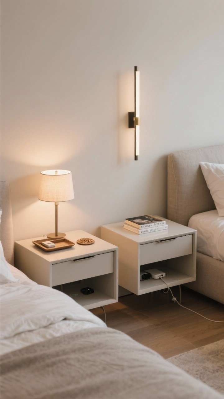 Medium shot: Simplified nightstands on both sides of a bed, each with a drawer; tops styled with a lamp, a small tray, one book, and a coaster; matching or harmonized lamps unify slightly different nightstand styles; a slim wall sconce above one side to free surface space; floating nightstands create lift; warm, balanced lighting and hidden chargers inside a drawer.