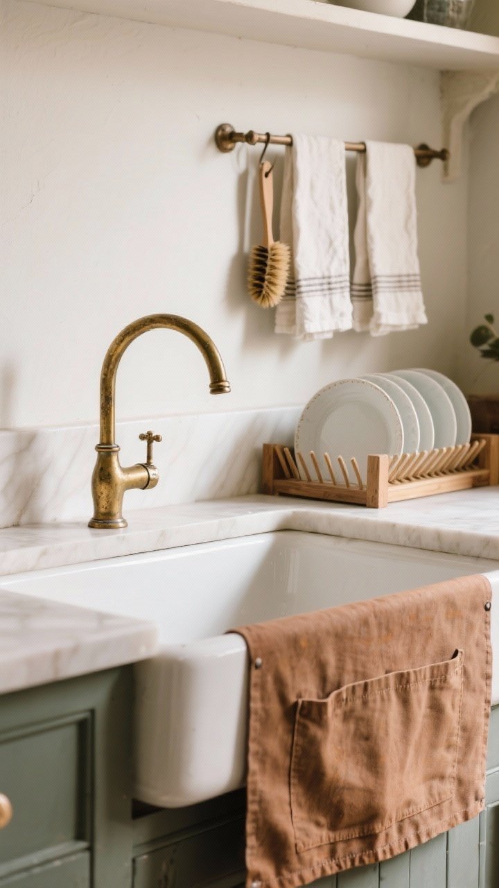 Medium shot, sink zone: A fireclay apron-front farmhouse sink with a bridge faucet in unlacquered brass developing patina; nearby wall-mounted drying rail/peg rail holding linen towels, a wooden dish rack with plates drying, and natural bristle brushes; soft, practical daylight and warm tones lending a heritage feel.