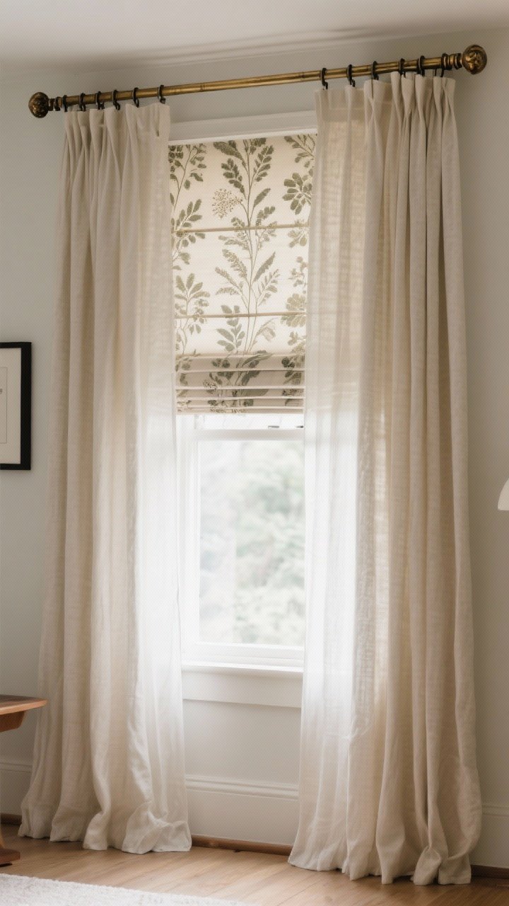 Medium shot — Soft, layered window treatment in a midcentury room: curtain rod mounted high and wide with antique brass hardware; floor-length linen panels that lightly puddle, layered over an inside-mounted Roman shade; botanical/block-print pattern in muted tones; optional embroidered sheers behind for movement; matte black finial accents; diffused daylight filtering through, straight-on perspective highlighting height and fullness, photorealistic.