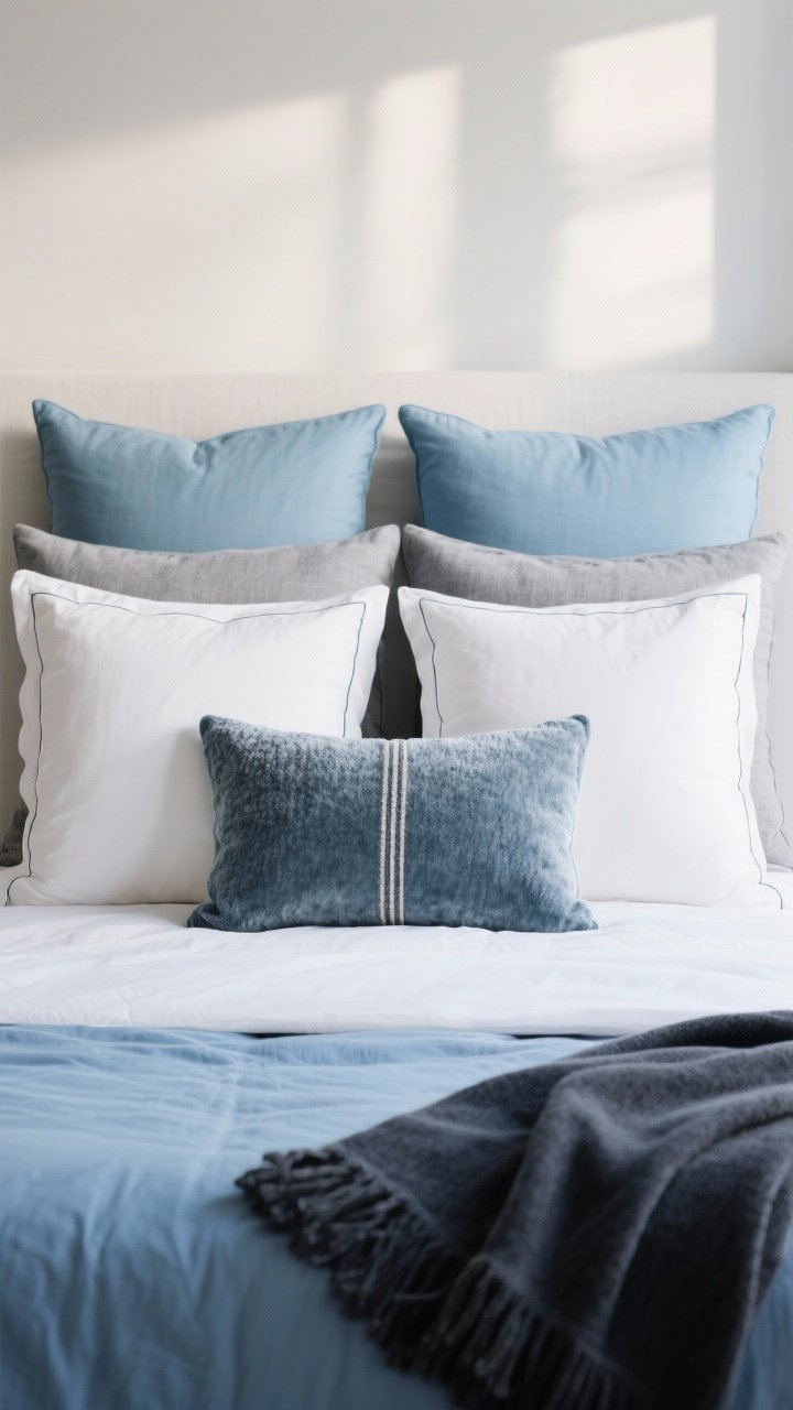 Medium shot, straight-on: A curated bedscape with crisp white bone sheets, a glacier blue duvet, pillow formula visible—back row: two euro shams in glacier blue/stone gray; middle: two standard white pillows with subtle piping; front: one lumbar pillow in textured bouclé or velvet with a thin stripe; a folded throw at the foot in moody charcoal; calm, balanced styling; soft morning light; photorealistic.