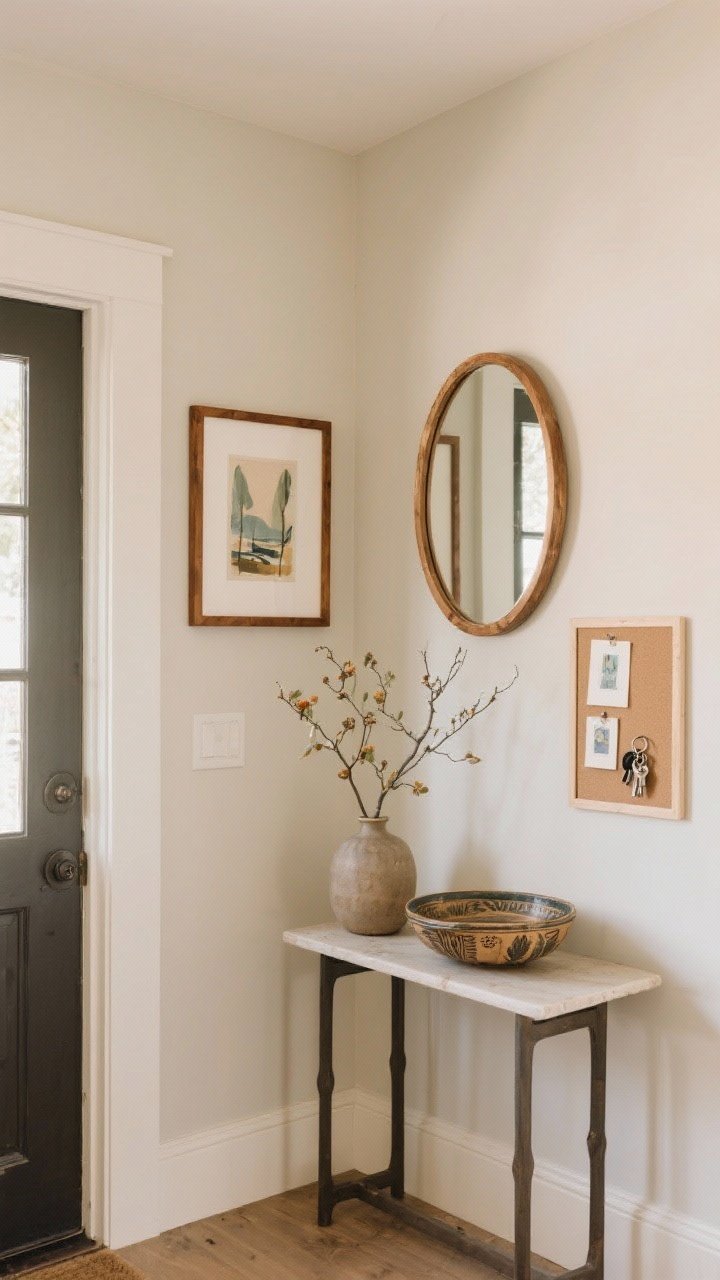 Medium shot, straight-on: A personal, edited entry wall featuring one framed art piece at eye level (57–60 inches center) in a warm wood frame, a rounded mirror nearby to soften angles and bounce light, and a small console with a distinctive travel bowl or heirloom dish for keys. Optionally, a tiny pinboard with 2–3 pieces spaced generously. The palette is soft and neutral, with a single seasonal branch swap in a vase for freshness; lighting is gentle and warm.