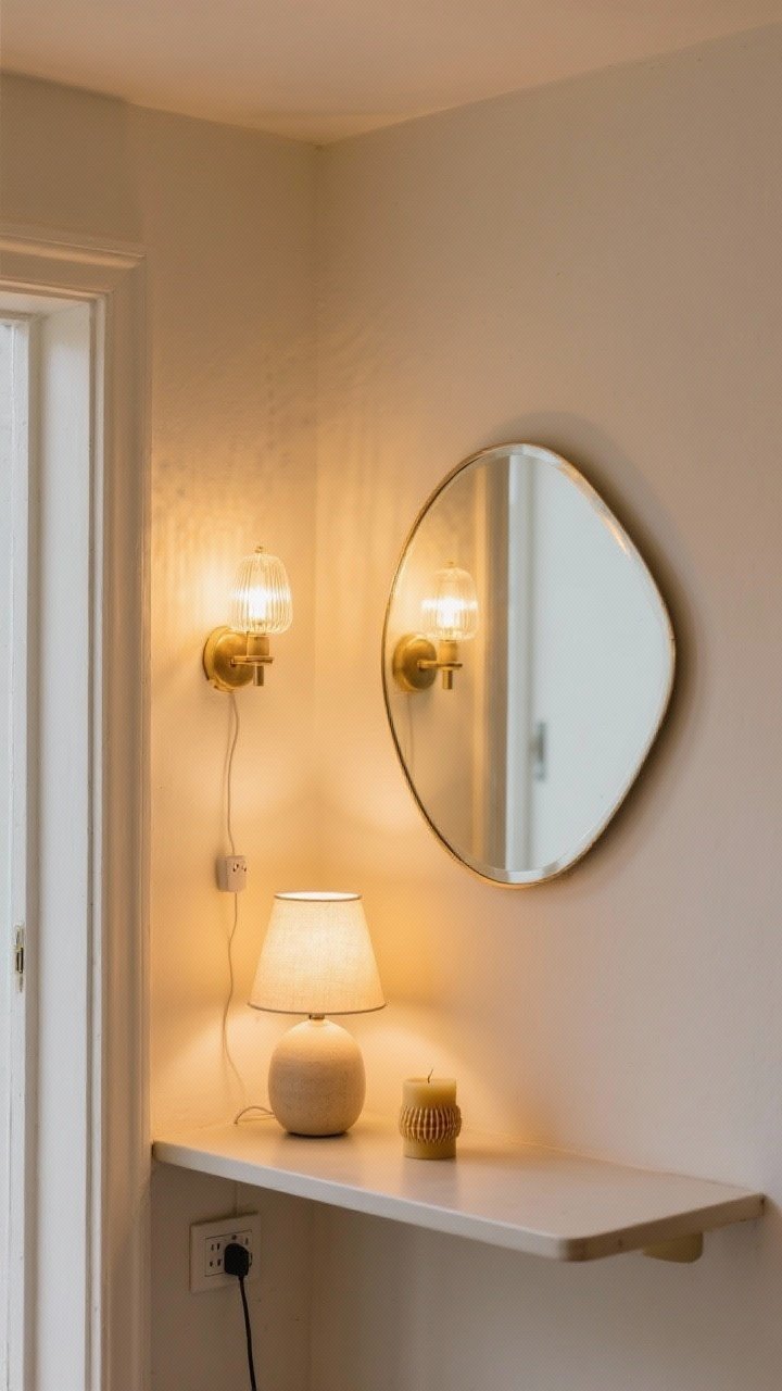 Medium shot, straight-on: A tiny entryway corner with a shallow console holding a small table lamp, paired with a plug-in wall sconce above. Both lights glow in warm 2700K–3000K tones, casting soft golden illumination. A rounded mirror is angled to bounce light deeper into the space. A beeswax candle in a simple ceramic holder sits beside the lamp, and a discreet smart plug is visible near the outlet. Mood is hygge-cozy, no overhead glare, just layered warm light on pale walls.